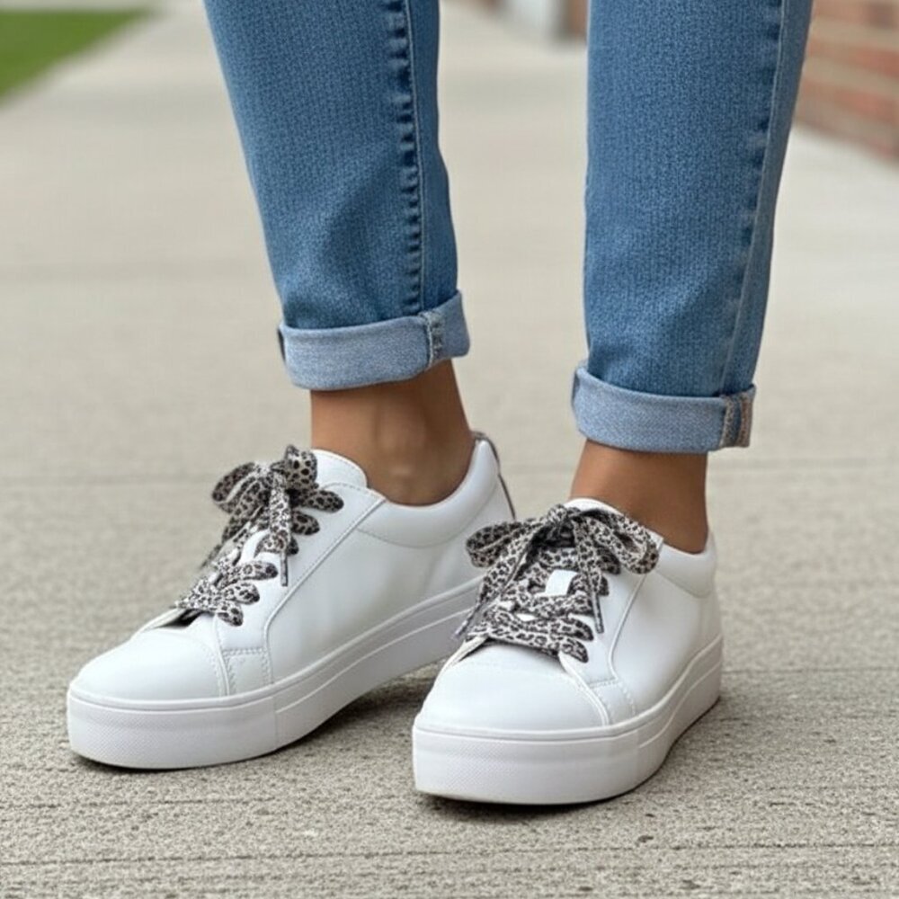97. American Eagle White Sneakers with Leopard Print Laces — Women’s Casual